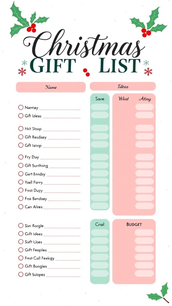 A stylish preppy Christmas gift list template with sections for names, gift ideas, and budgets.